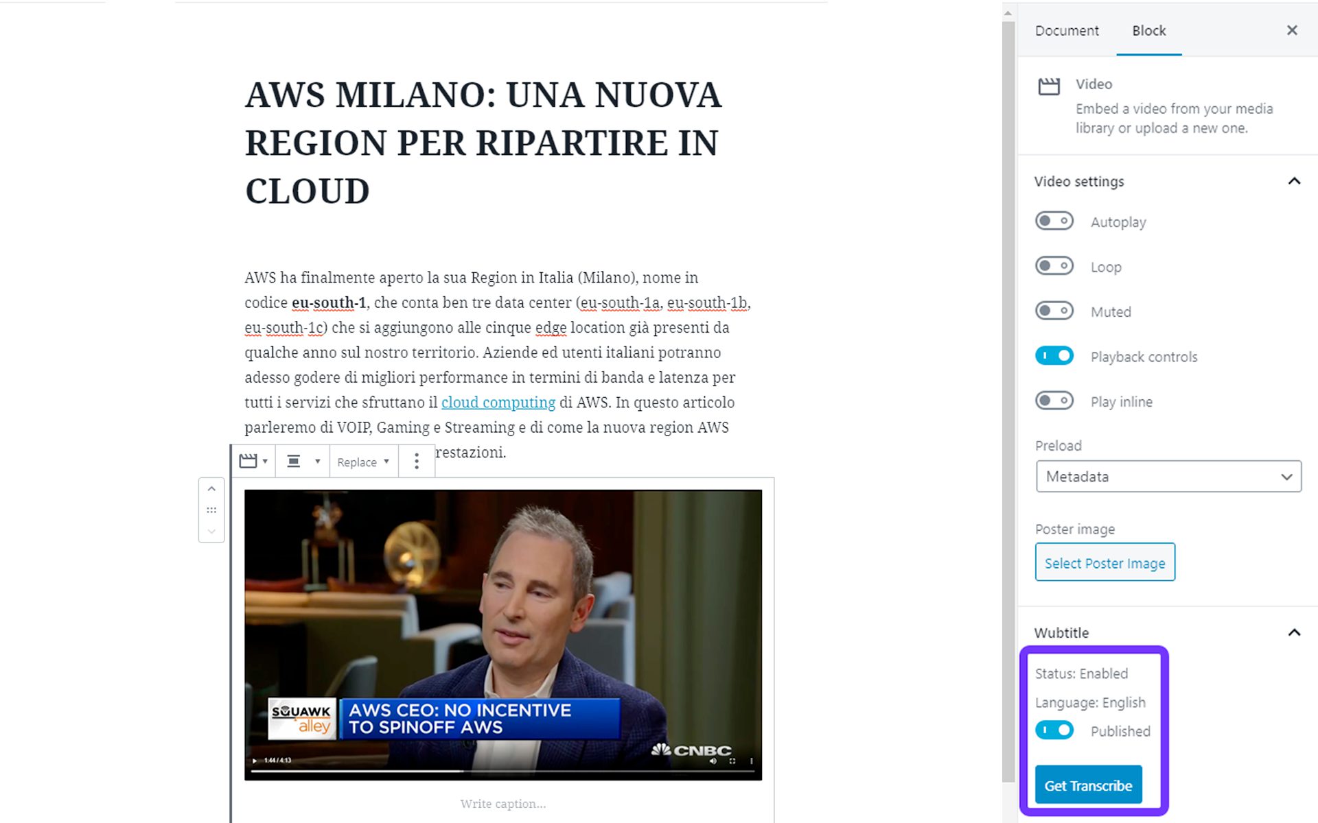 Wubtitle video-to-text tutorial - Step 3: attiva i sottotitoli e genera la trascrizione